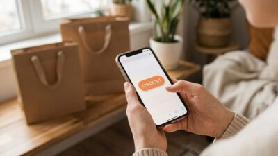 Hand hält Smartphone mit orangem Checkout-Button vor Einkaufstüten