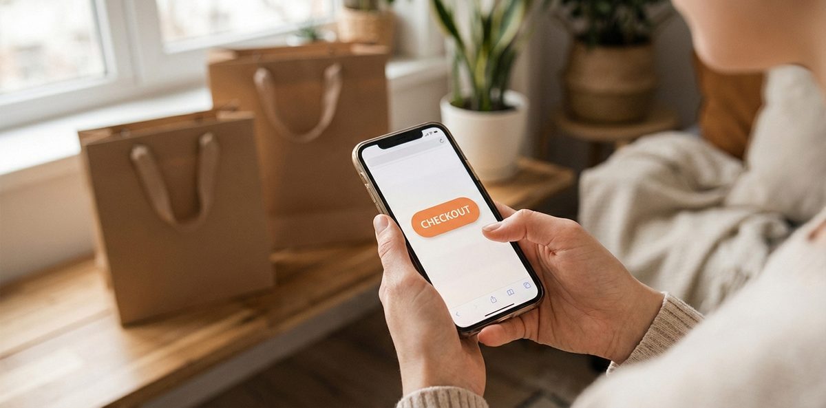 Hand hält Smartphone mit orangem Checkout-Button vor Einkaufstüten