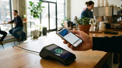 Hand hält Smartphone an NFC-Bezahlterminal in einem Café