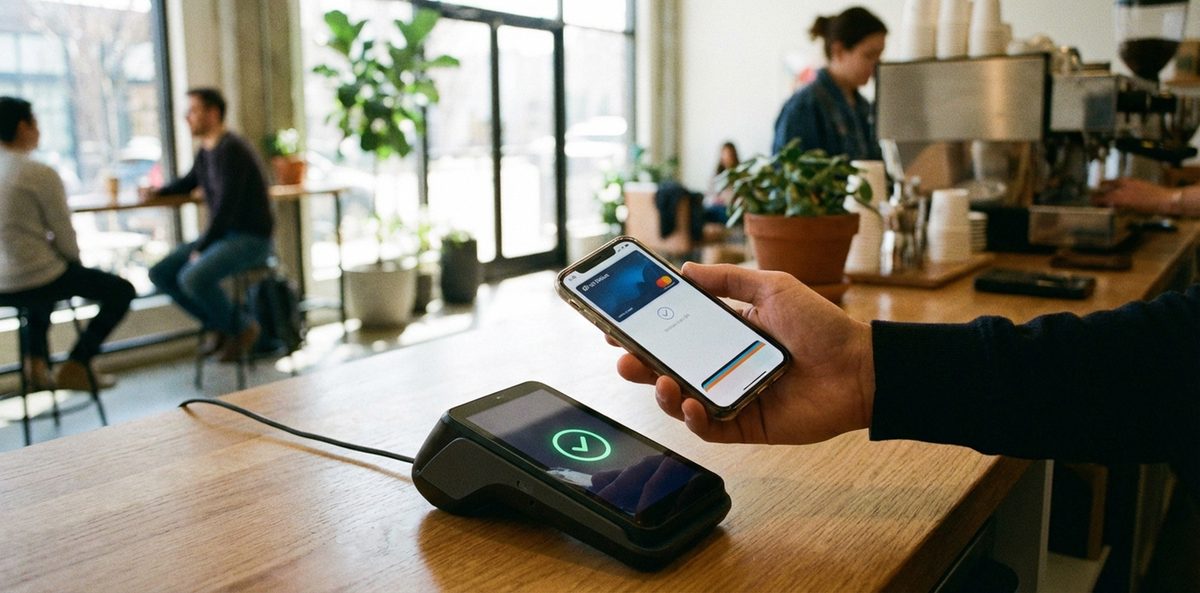 Hand hält Smartphone an NFC-Bezahlterminal in einem Café