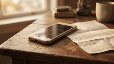 Altes Smartphone auf Holztisch neben einem Kontoauszug