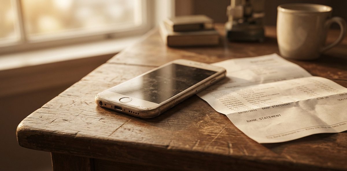 Altes Smartphone auf Holztisch neben einem Kontoauszug