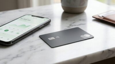 Dunkle Prepaid-Karte und Smartphone mit Banking-App auf Marmortisch