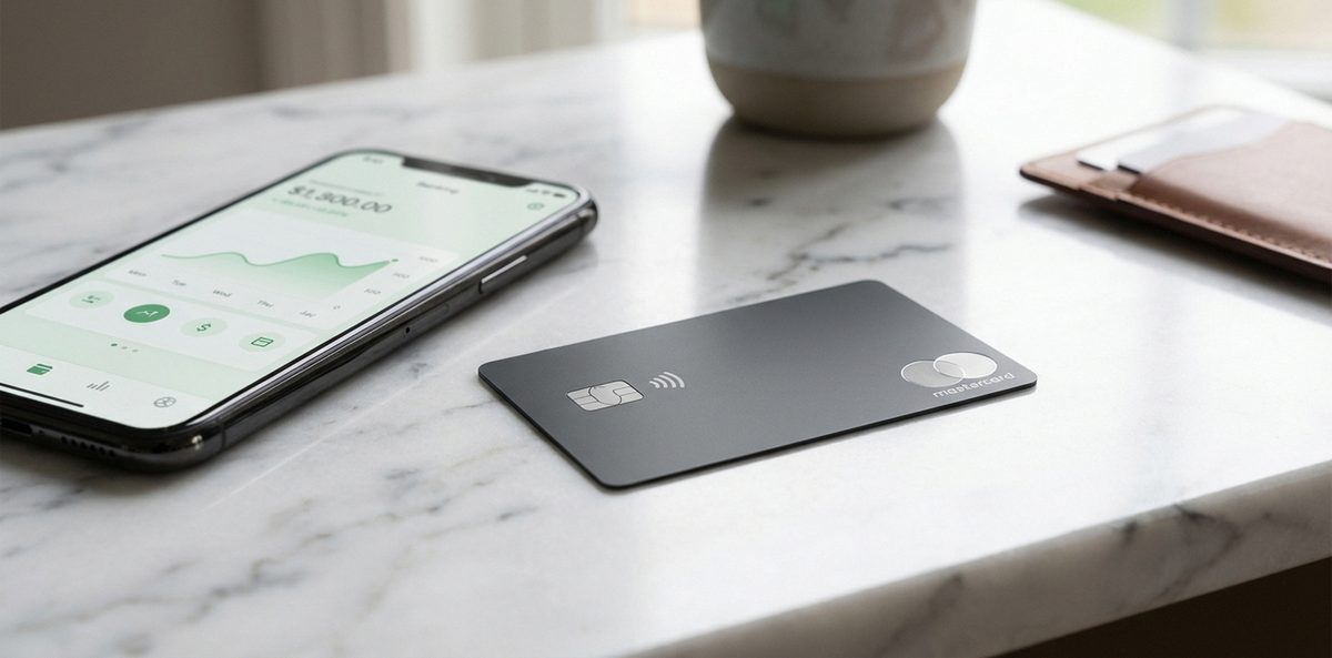Dunkle Prepaid-Karte und Smartphone mit Banking-App auf Marmortisch