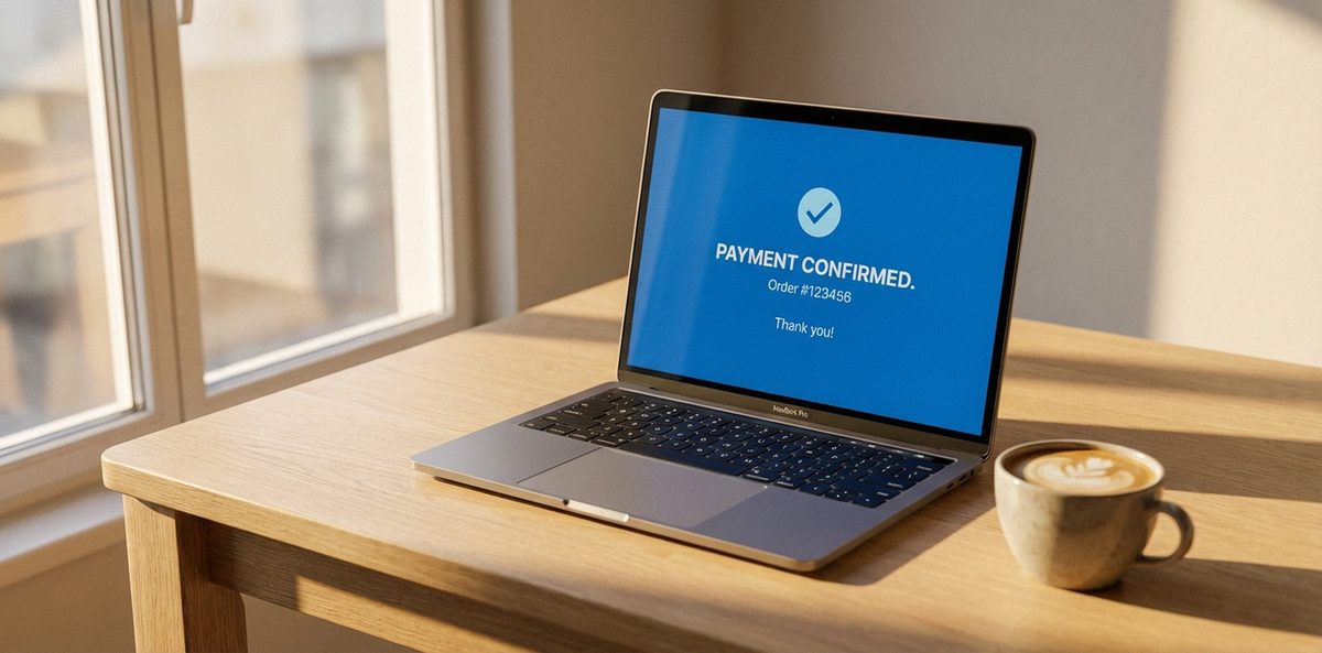 Laptop mit blauer Zahlungsbestätigung auf einem Schreibtisch