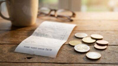 Prepaid-Gutscheincode auf Kassenbon neben Euro-Münzen