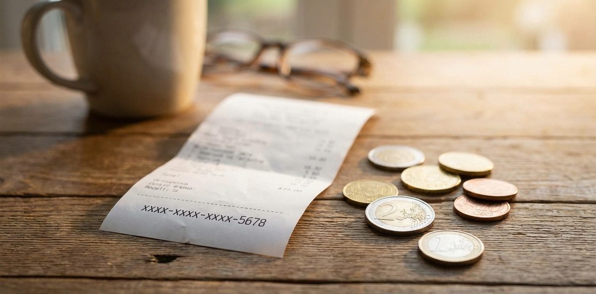 Prepaid-Gutscheincode auf Kassenbon neben Euro-Münzen