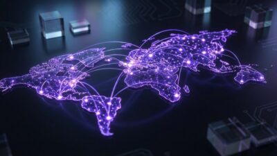 Violett leuchtende Weltkarte mit verbundenen Netzwerk-Knotenpunkten