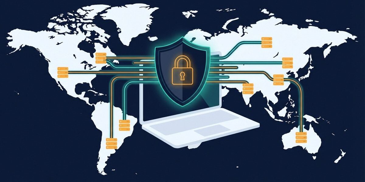 Laptop mit VPN-Verbindung zeigt verschlüsselte Datenübertragung
