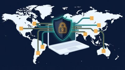 Laptop mit VPN-Verbindung zeigt verschlüsselte Datenübertragung