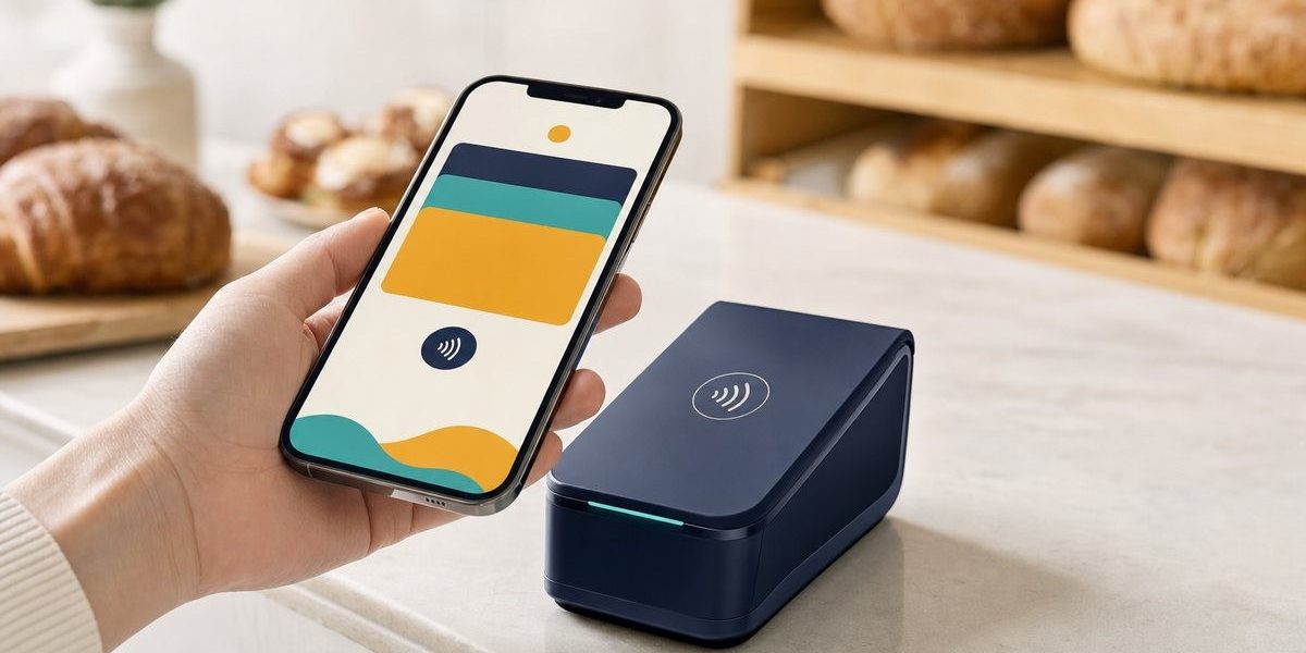 Hand hält ein Smartphone dicht an ein Kartenterminal an einer Bäckereitheke, im Hintergrund unscharf Brotregale, helles Morgenlicht (mit AI erstelltes Bild)