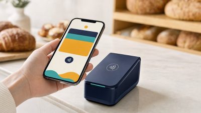 Hand hält ein Smartphone dicht an ein Kartenterminal an einer Bäckereitheke, im Hintergrund unscharf Brotregale, helles Morgenlicht (mit AI erstelltes Bild)