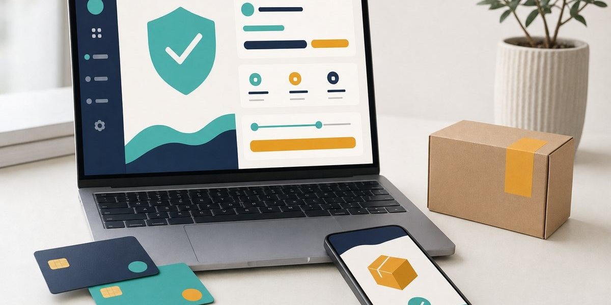 Schreibtisch mit aufgeklapptem Laptop mit Bestellübersicht und Schutzschild-Symbol, daneben zwei Zahlungskarten, ein Smartphone mit Paketsymbol und ein Versandkarton (mit AI erstelltes Bild)