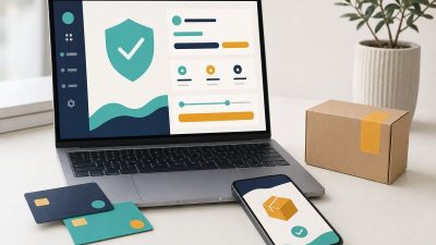 Schreibtisch mit aufgeklapptem Laptop mit Bestellübersicht und Schutzschild-Symbol, daneben zwei Zahlungskarten, ein Smartphone mit Paketsymbol und ein Versandkarton (mit AI erstelltes Bild)