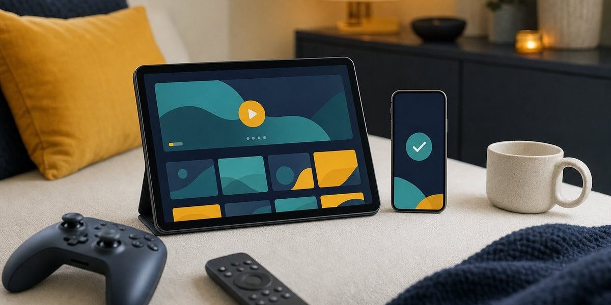 Tablet mit Streaming-Oberfläche auf einem Sofa, daneben ein Smartphone mit Zahlungsbestätigung, ein Gamecontroller und eine Fernbedienung im abendlichen Lampenlicht (mit AI erstelltes Bild)