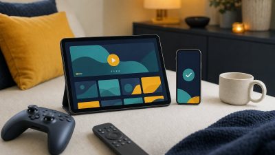 Tablet mit Streaming-Oberfläche auf einem Sofa, daneben ein Smartphone mit Zahlungsbestätigung, ein Gamecontroller und eine Fernbedienung im abendlichen Lampenlicht (mit AI erstelltes Bild)